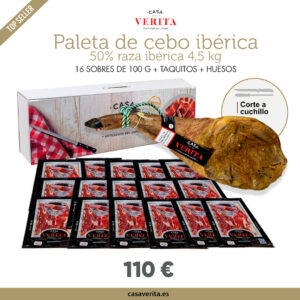 Paleta de cebo ibérica (50% raza ibérica) de 4,5 kg cortada a cuchillo (16 sobres de 100 gr)