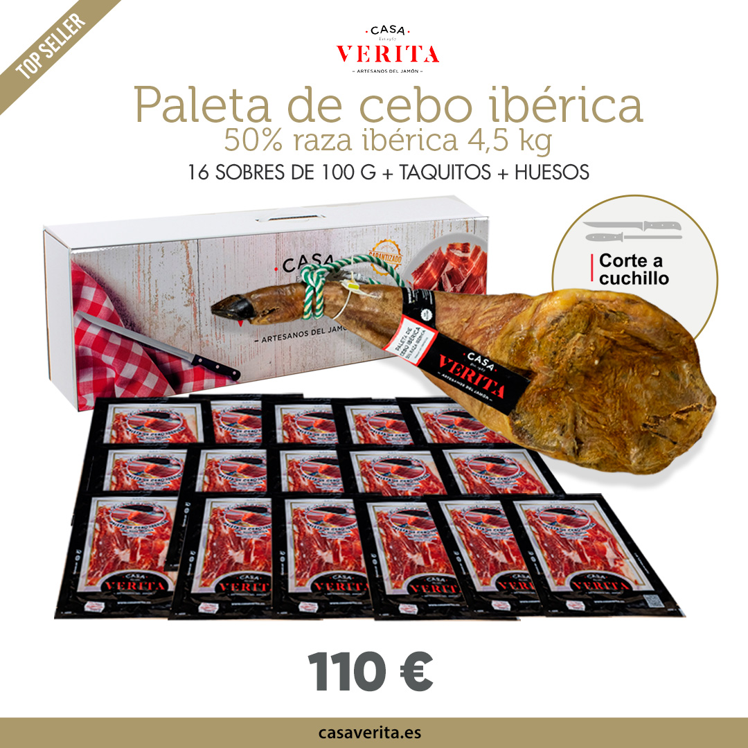 Paleta de cebo ibérica (50% raza ibérica) de 4,5 kg cortada a cuchillo (16 sobres de 100 gr)