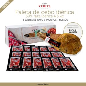 Paleta de cebo ibérica (50% raza ibérica) de 4,5 kg cortada a cuchillo (16 sobres de 100 gr)